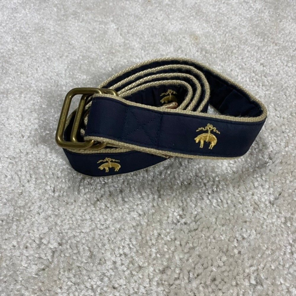 Brooks Brothers Belt Mens XL Navy Blue Golden Fleece Embroidered D-Ring Preppy